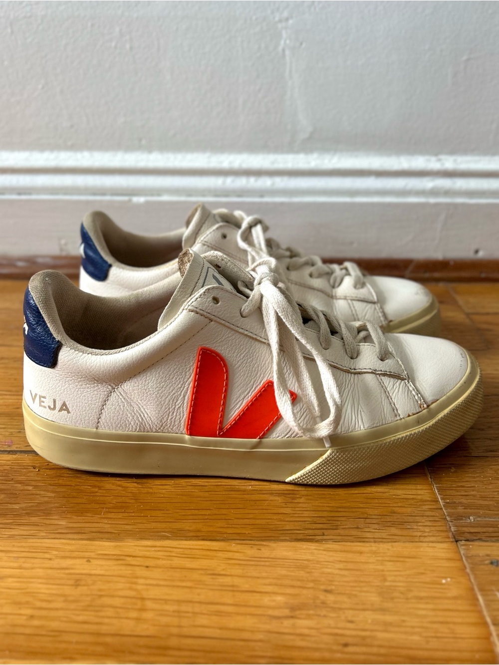VEJA White Leather Sneakers with Orange and Navy Accent